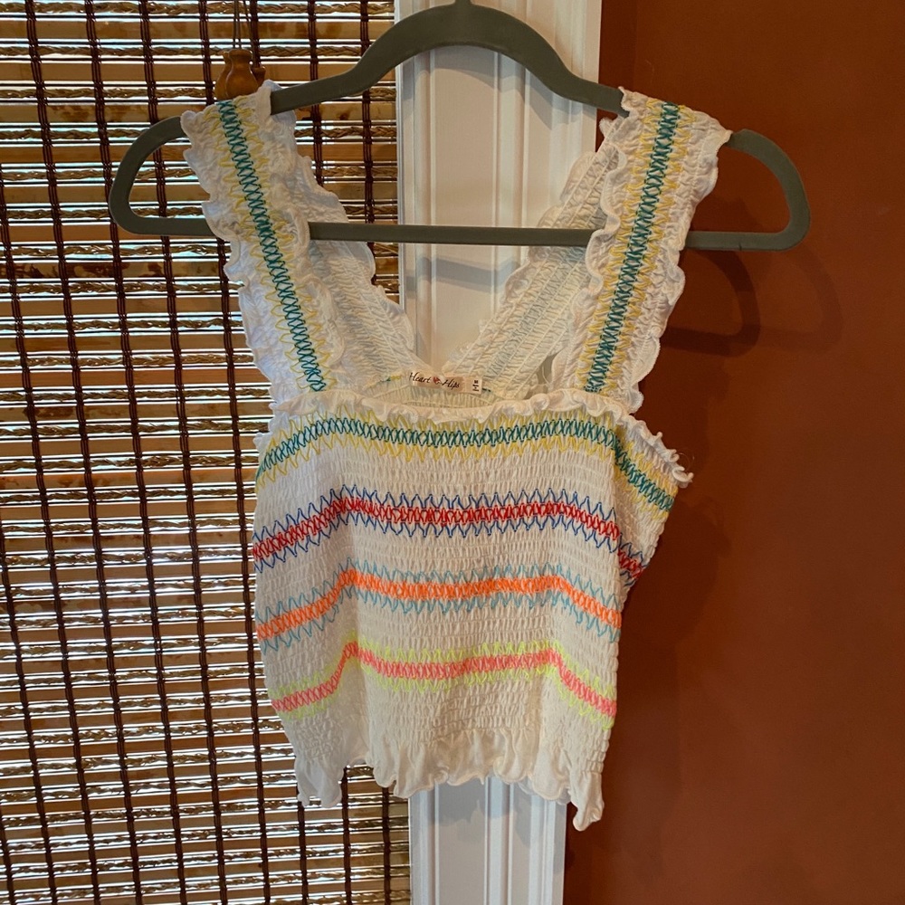 White ruffled crop top with neon colored stripes. Tags are on!